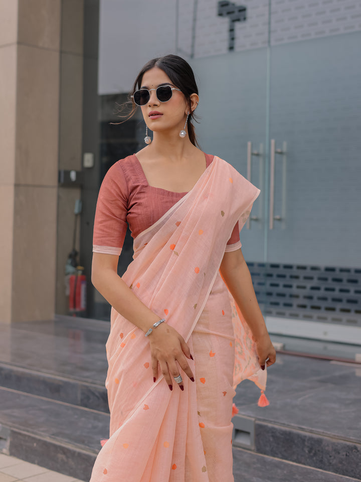 Peach Pink Mul Cotton Saree for Women with Geometric Floral Print Pallu & Tassels | Soft Breathable Office & Daily Wear