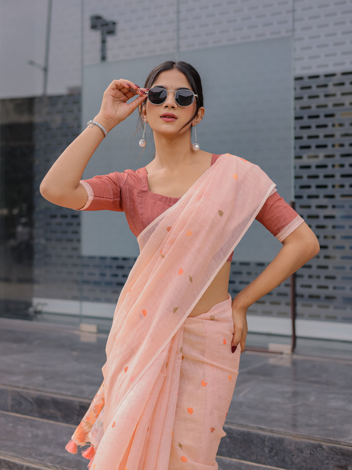 Peach Pink Mul Cotton Saree for Women with Geometric Floral Print Pallu & Tassels | Soft Breathable Office & Daily Wear