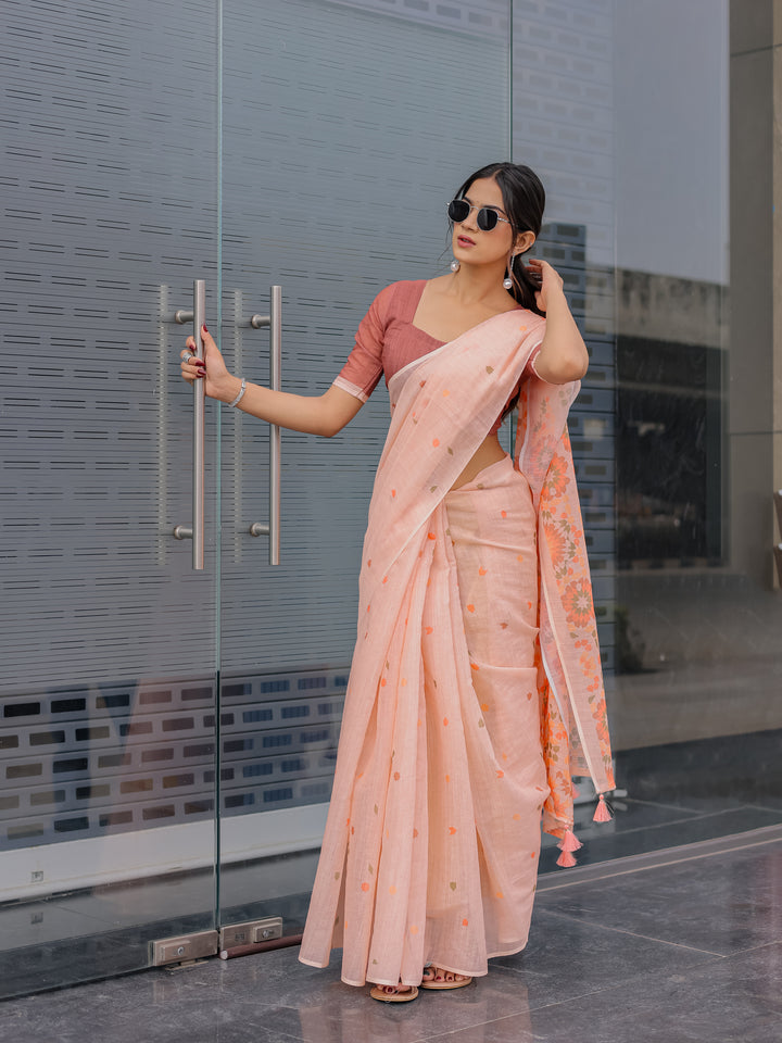 Peach Pink Mul Cotton Saree for Women with Geometric Floral Print Pallu & Tassels | Soft Breathable Office & Daily Wear