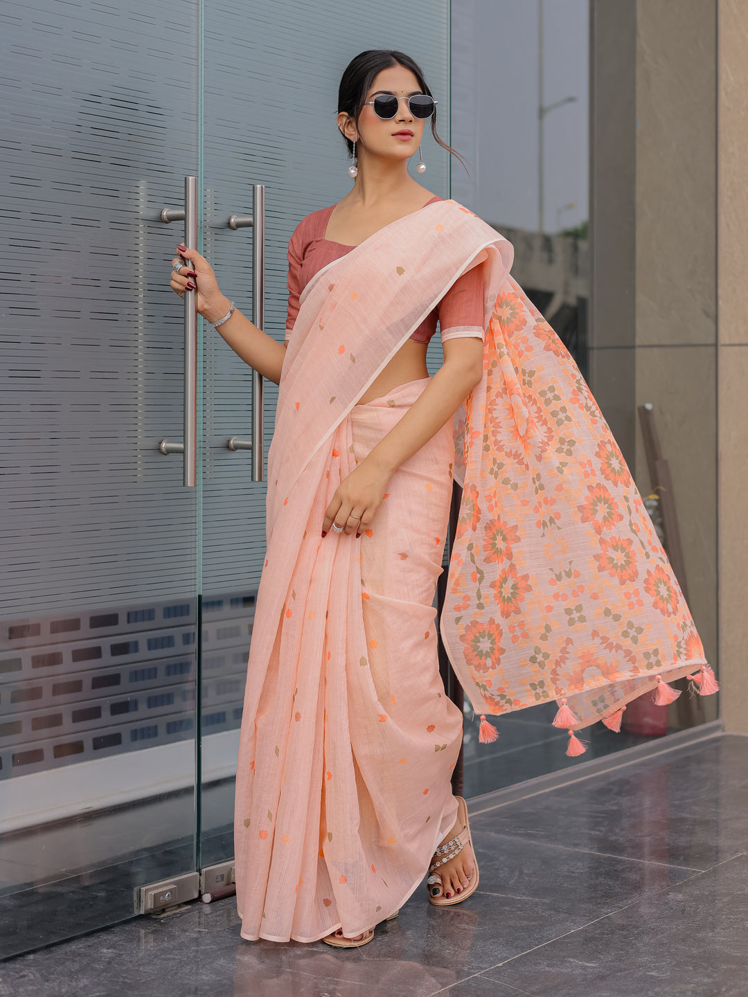 Peach Pink Mul Cotton Saree for Women with Geometric Floral Print Pallu & Tassels | Soft Breathable Office & Daily Wear