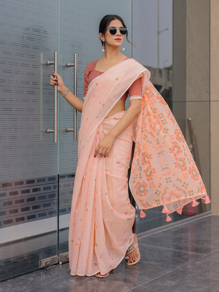 Peach Pink Mul Cotton Saree for Women with Geometric Floral Print Pallu & Tassels | Soft Breathable Office & Daily Wear