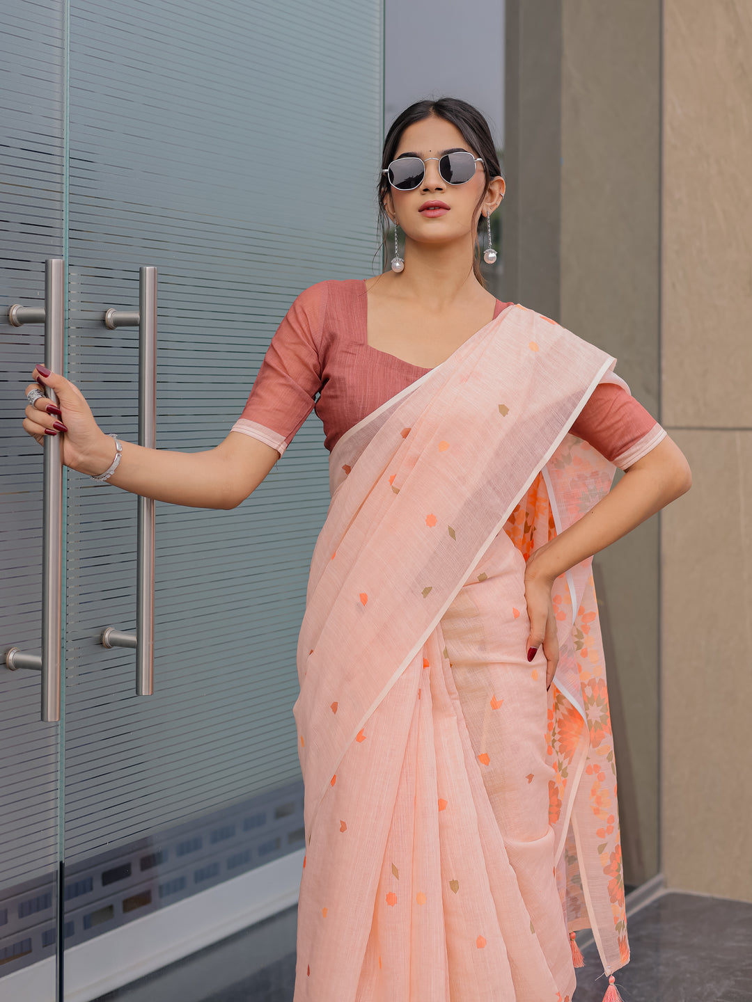 Peach Pink Mul Cotton Saree for Women with Geometric Floral Print Pallu & Tassels | Soft Breathable Office & Daily Wear