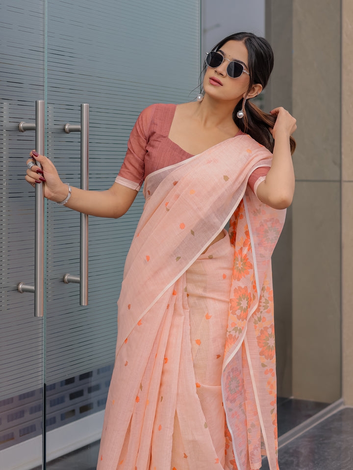 Peach Pink Mul Cotton Saree for Women with Geometric Floral Print Pallu & Tassels | Soft Breathable Office & Daily Wear