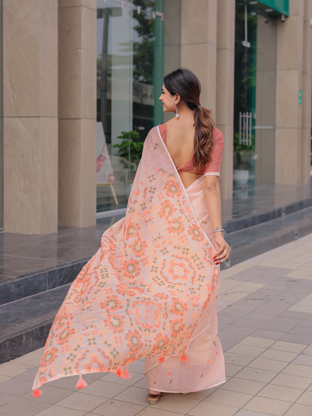 Peach Pink Mul Cotton Saree for Women with Geometric Floral Print Pallu & Tassels | Soft Breathable Office & Daily Wear