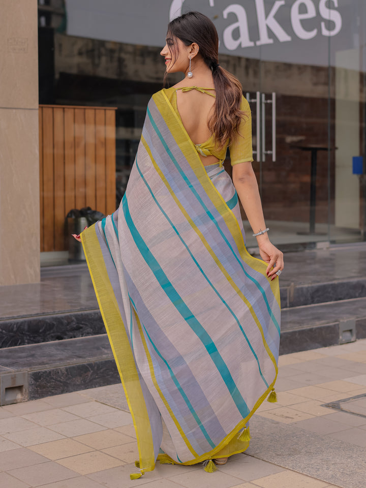 Pastel Grey Mul Cotton Striped Saree for Women with Teal & Mustard Border and Tassels | Soft Breathable Office & Daily Wear