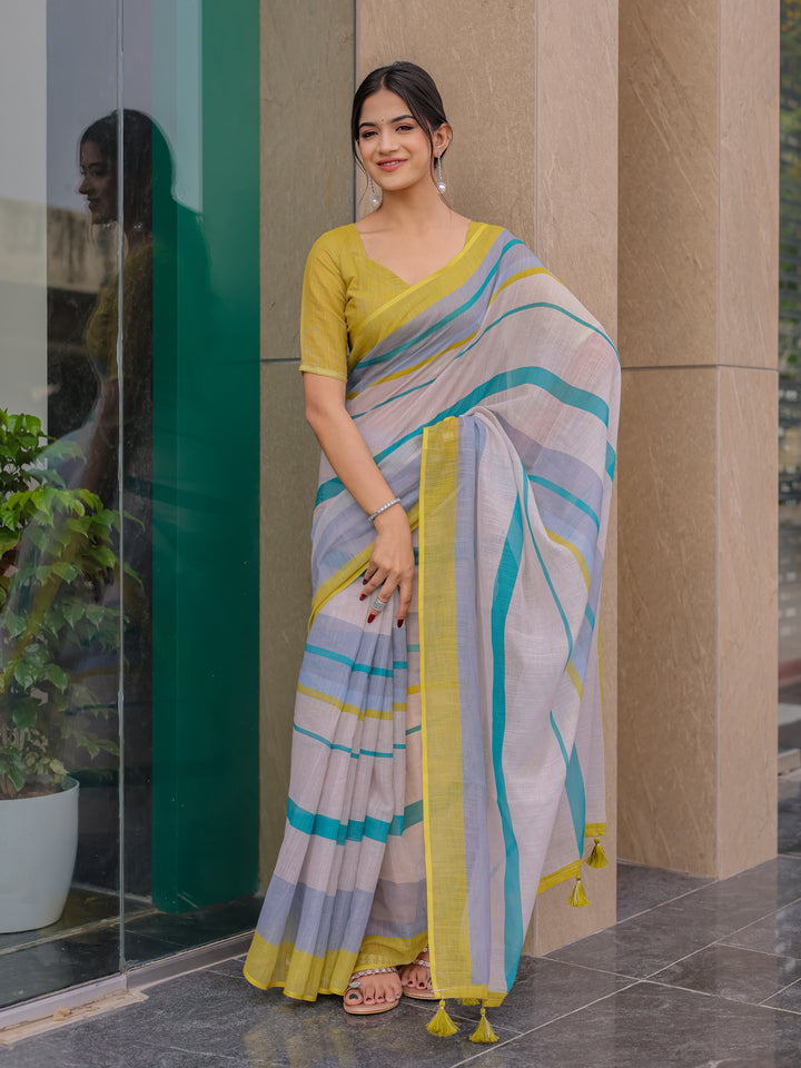 Pastel Grey Mul Cotton Striped Saree for Women with Teal & Mustard Border and Tassels | Soft Breathable Office & Daily Wear
