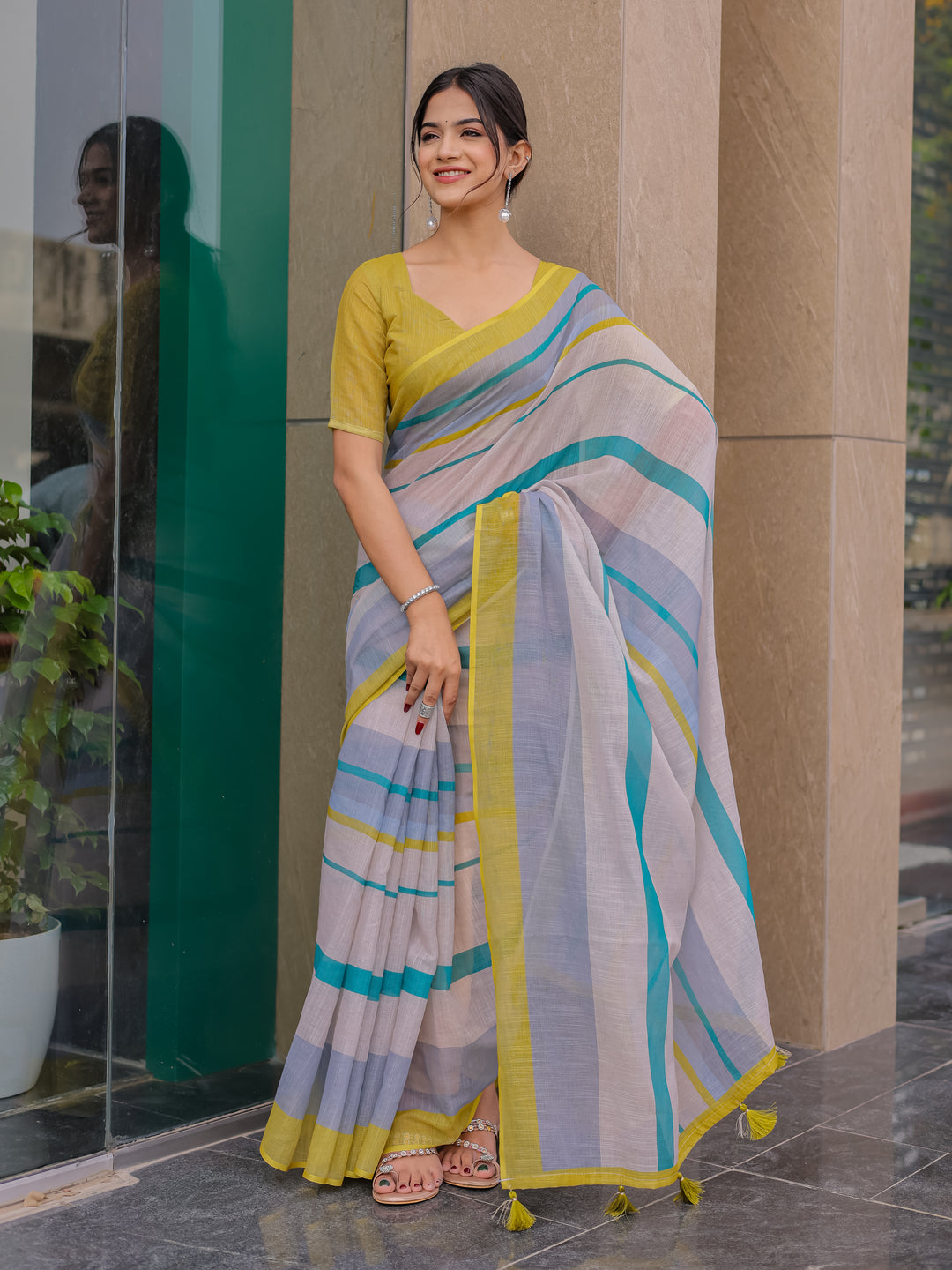 Pastel Grey Mul Cotton Striped Saree for Women with Teal & Mustard Border and Tassels | Soft Breathable Office & Daily Wear