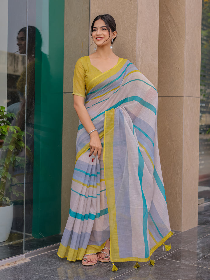 Pastel Grey Mul Cotton Striped Saree for Women with Teal & Mustard Border and Tassels | Soft Breathable Office & Daily Wear