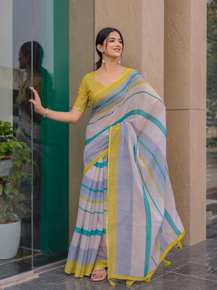 Pastel Grey Mul Cotton Striped Saree for Women with Teal & Mustard Border and Tassels | Soft Breathable Office & Daily Wear