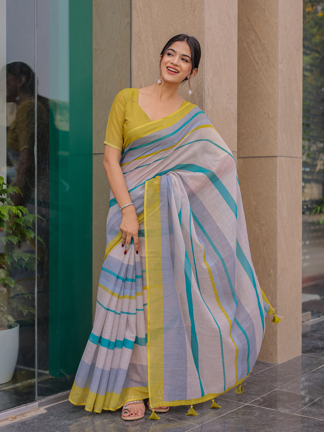 Pastel Grey Mul Cotton Striped Saree for Women with Teal & Mustard Border and Tassels | Soft Breathable Office & Daily Wear
