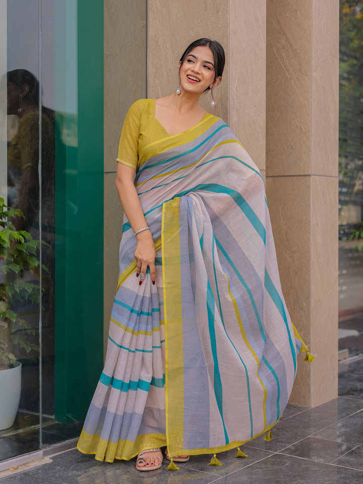 Pastel Grey Mul Cotton Striped Saree for Women with Teal & Mustard Border and Tassels | Soft Breathable Office & Daily Wear