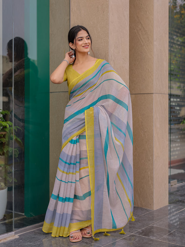 Pastel Grey Mul Cotton Striped Saree for Women with Teal & Mustard Border and Tassels | Soft Breathable Office & Daily Wear
