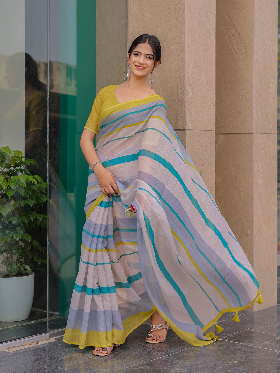 Pastel Grey Mul Cotton Striped Saree for Women with Teal & Mustard Border and Tassels | Soft Breathable Office & Daily Wear