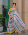 Pastel Grey Mul Cotton Striped Saree for Women with Teal & Mustard Border and Tassels | Soft Breathable Office & Daily Wear, Comes With Attached Blouse Piece
