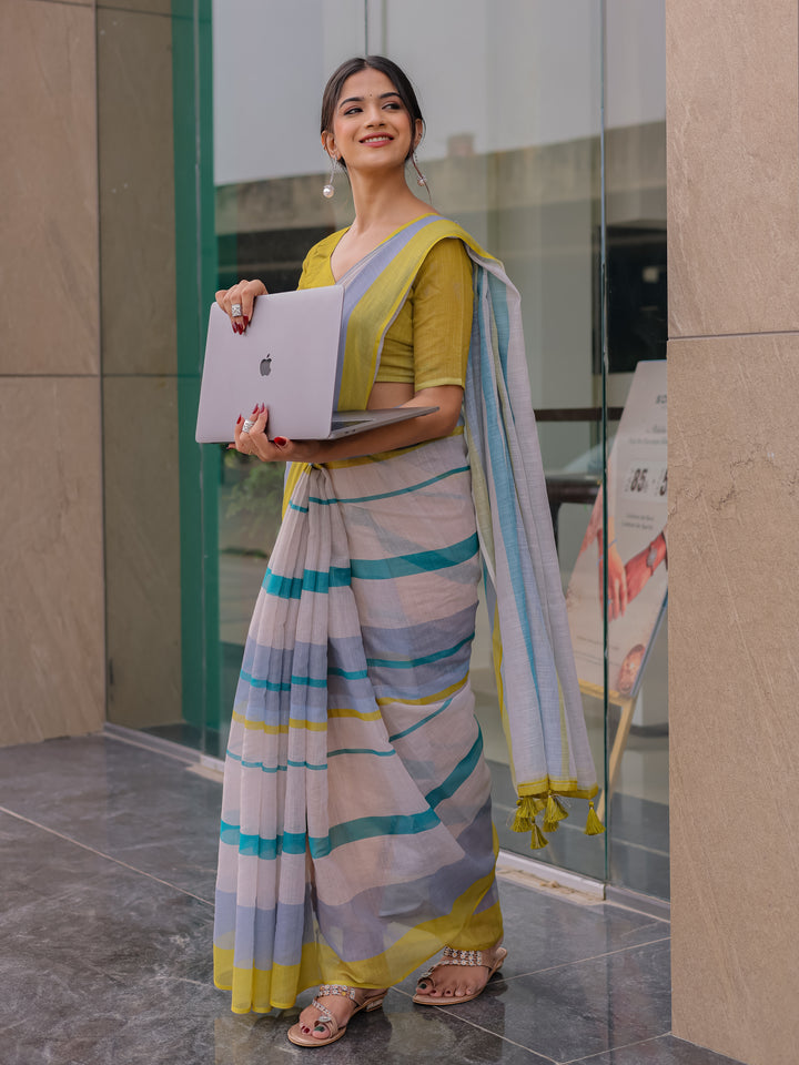 Pastel Grey Mul Cotton Striped Saree for Women with Teal & Mustard Border and Tassels | Soft Breathable Office & Daily Wear