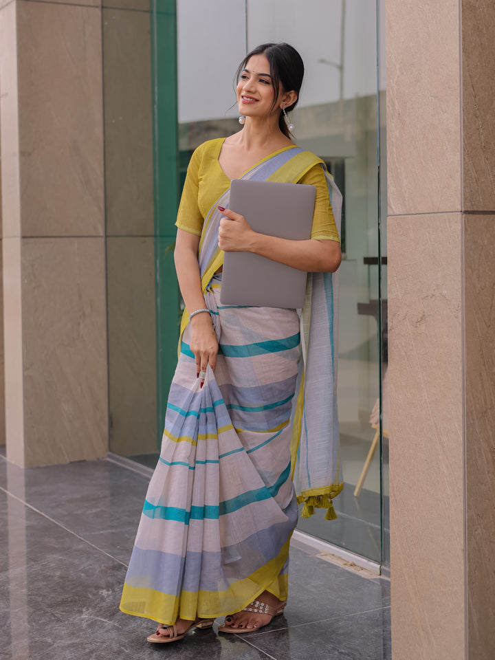 Pastel Grey Mul Cotton Striped Saree for Women with Teal & Mustard Border and Tassels | Soft Breathable Office & Daily Wear