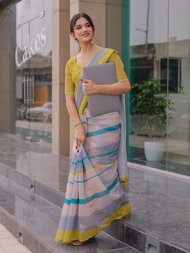 Pastel Grey Mul Cotton Striped Saree for Women with Teal & Mustard Border and Tassels | Soft Breathable Office & Daily Wear