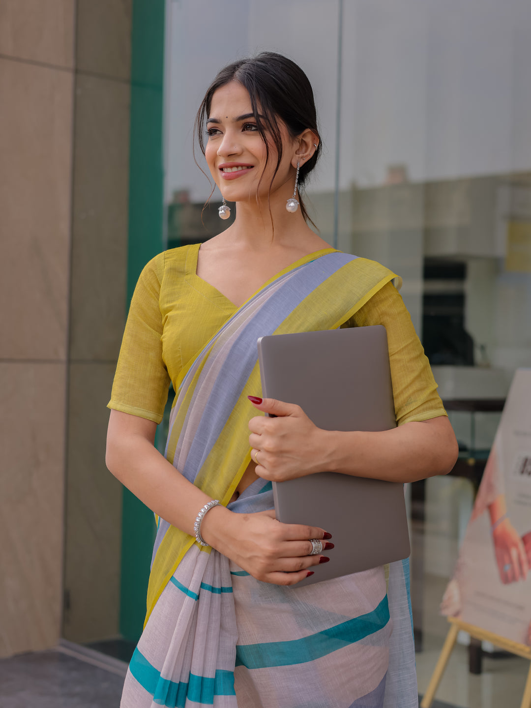 Pastel Grey Mul Cotton Striped Saree for Women with Teal & Mustard Border and Tassels | Soft Breathable Office & Daily Wear