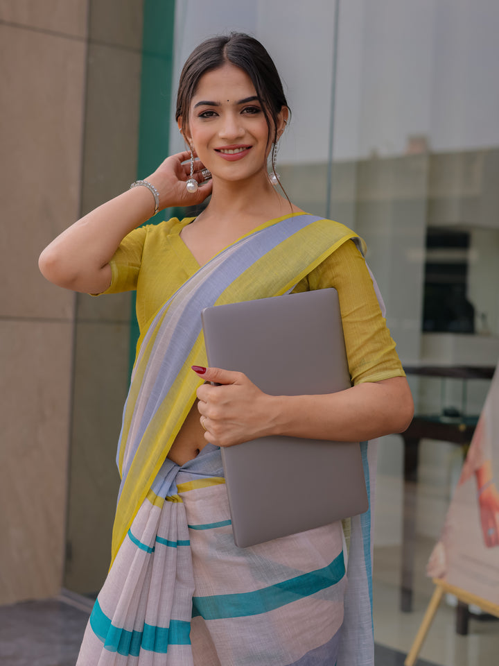 Pastel Grey Mul Cotton Striped Saree for Women with Teal & Mustard Border and Tassels | Soft Breathable Office & Daily Wear