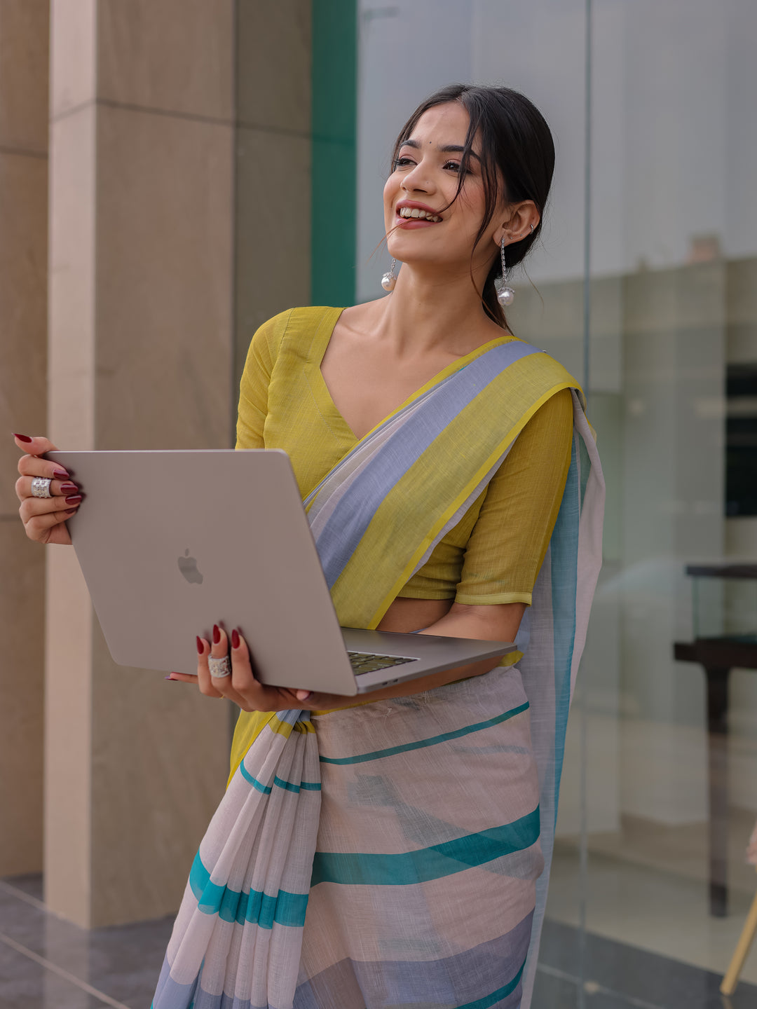 Pastel Grey Mul Cotton Striped Saree for Women with Teal & Mustard Border and Tassels | Soft Breathable Office & Daily Wear