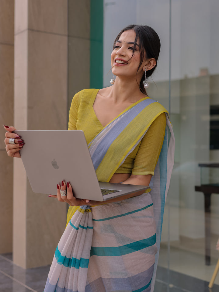 Pastel Grey Mul Cotton Striped Saree for Women with Teal & Mustard Border and Tassels | Soft Breathable Office & Daily Wear