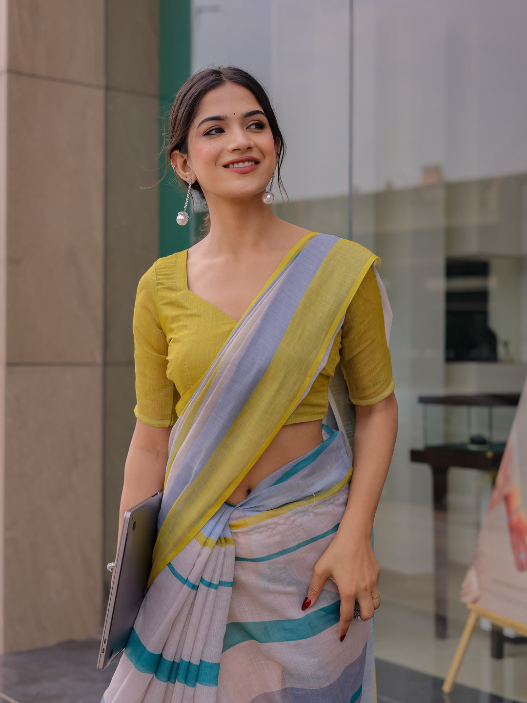 Pastel Grey Mul Cotton Striped Saree for Women with Teal & Mustard Border and Tassels | Soft Breathable Office & Daily Wear