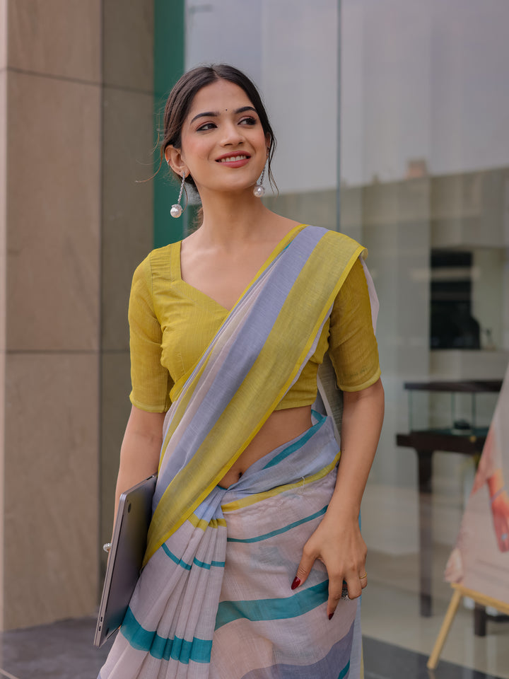 Pastel Grey Mul Cotton Striped Saree for Women with Teal & Mustard Border and Tassels | Soft Breathable Office & Daily Wear