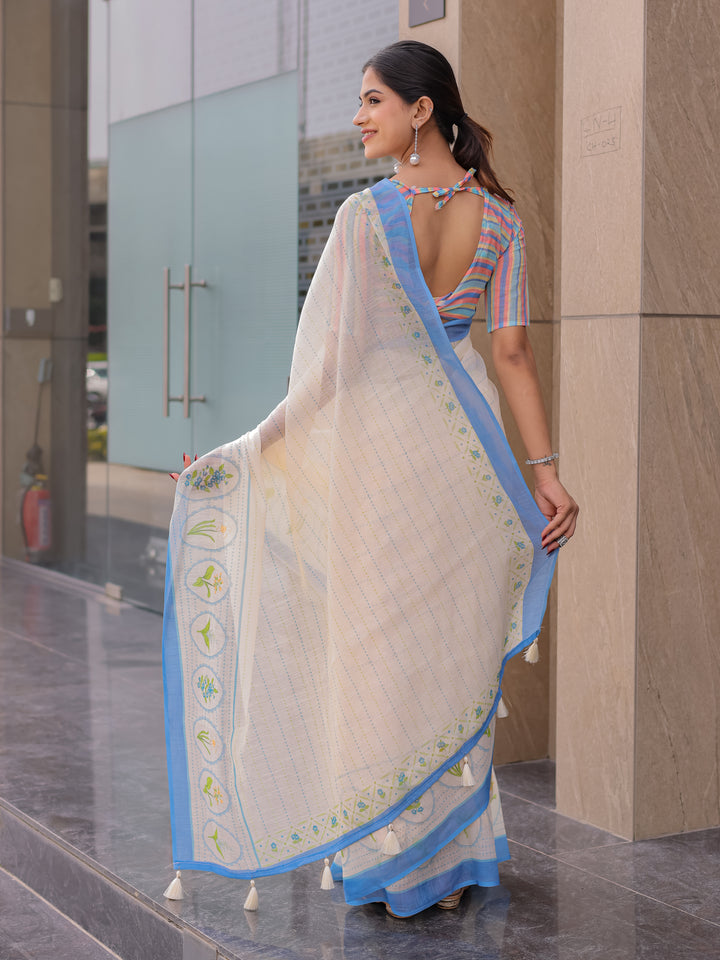 Ivory Mul Cotton Saree for Women with Blue Floral Border & Fine Stripes | Soft Breathable Office & Daily Wear Saree