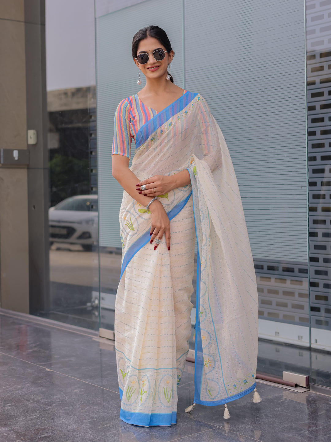 Ivory Mul Cotton Saree for Women with Blue Floral Border & Fine Stripes | Soft Breathable Office & Daily Wear Saree