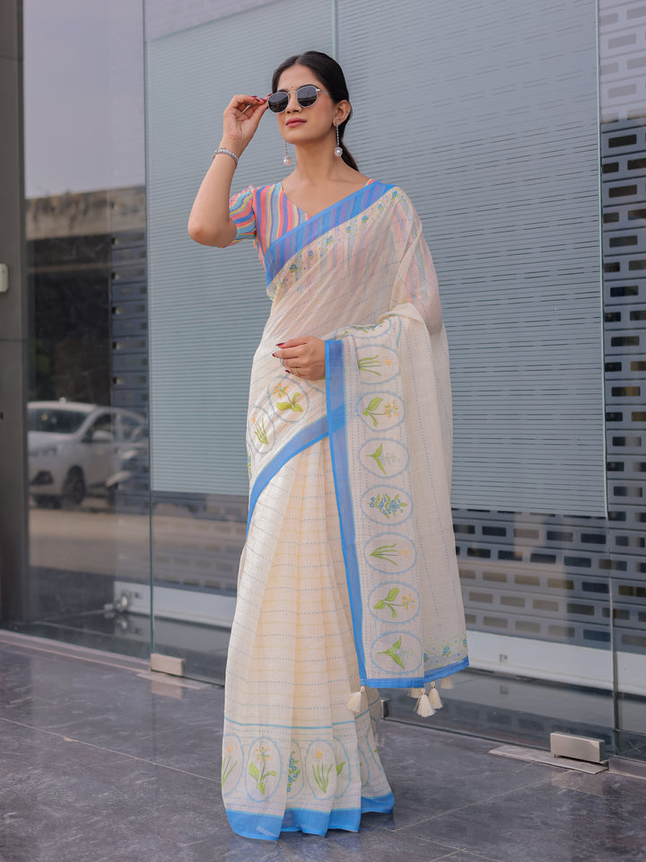 Ivory Mul Cotton Saree for Women with Blue Floral Border & Fine Stripes | Soft Breathable Office & Daily Wear Saree