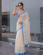 Ivory Mul Cotton Saree for Women with Blue Floral Border & Fine Stripes | Soft Breathable Office & Daily Wear Saree, Comes With Attached Blouse Piece