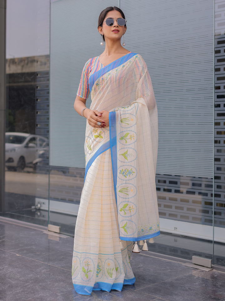 Ivory Mul Cotton Saree for Women with Blue Floral Border & Fine Stripes | Soft Breathable Office & Daily Wear Saree
