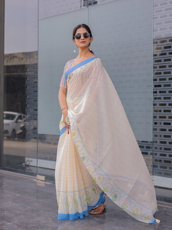 Ivory Mul Cotton Saree for Women with Blue Floral Border & Fine Stripes | Soft Breathable Office & Daily Wear Saree