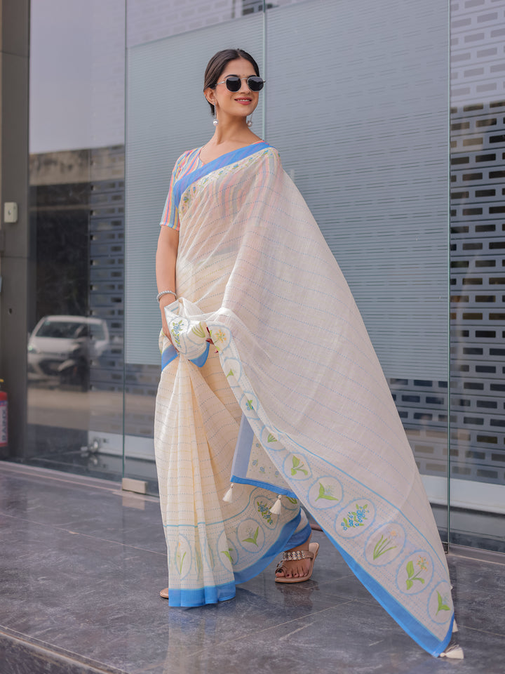 Ivory Mul Cotton Saree for Women with Blue Floral Border & Fine Stripes | Soft Breathable Office & Daily Wear Saree