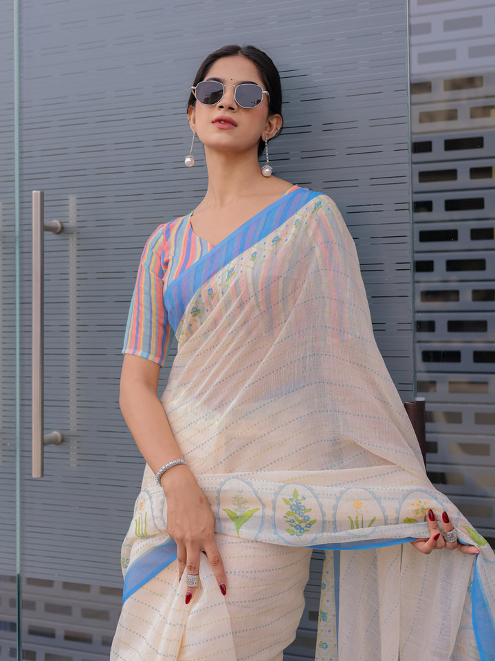 Ivory Mul Cotton Saree for Women with Blue Floral Border & Fine Stripes | Soft Breathable Office & Daily Wear Saree