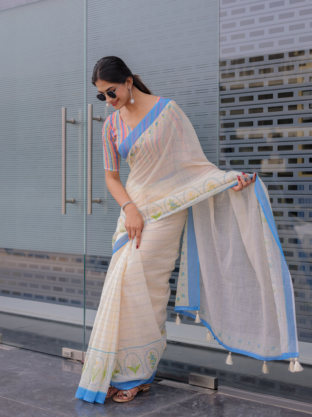 Ivory Mul Cotton Saree for Women with Blue Floral Border & Fine Stripes | Soft Breathable Office & Daily Wear Saree