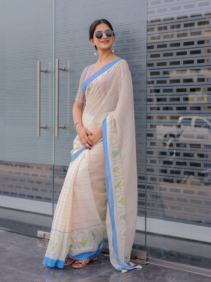 Ivory Mul Cotton Saree for Women with Blue Floral Border & Fine Stripes | Soft Breathable Office & Daily Wear Saree