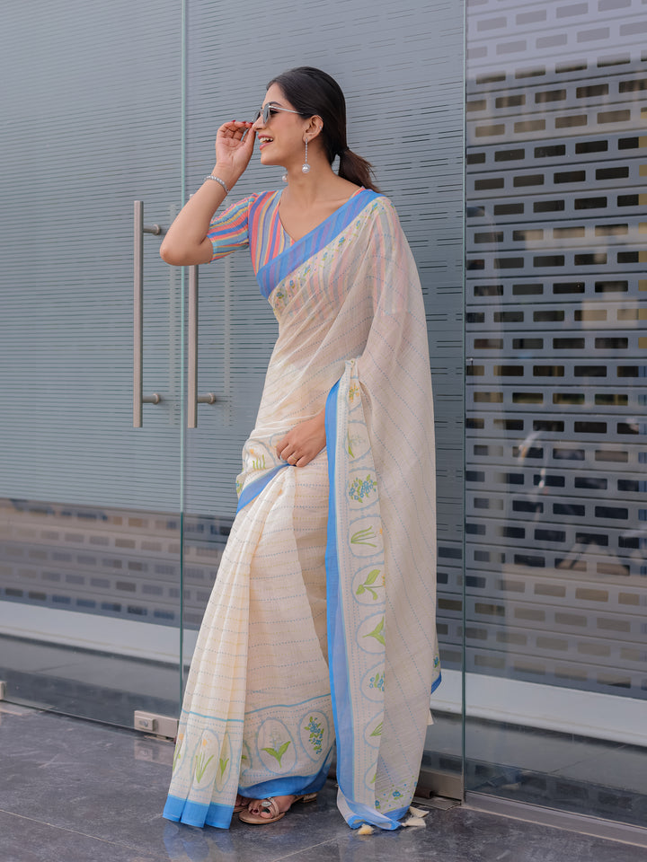 Ivory Mul Cotton Saree for Women with Blue Floral Border & Fine Stripes | Soft Breathable Office & Daily Wear Saree