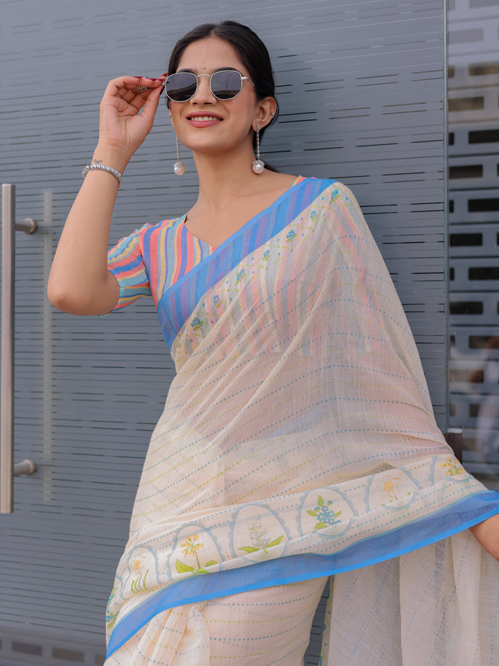 Ivory Mul Cotton Saree for Women with Blue Floral Border & Fine Stripes | Soft Breathable Office & Daily Wear Saree