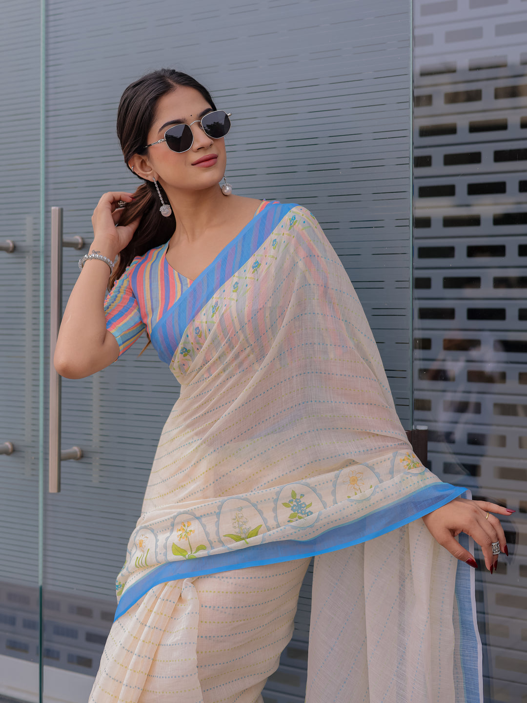 Ivory Mul Cotton Saree for Women with Blue Floral Border & Fine Stripes | Soft Breathable Office & Daily Wear Saree