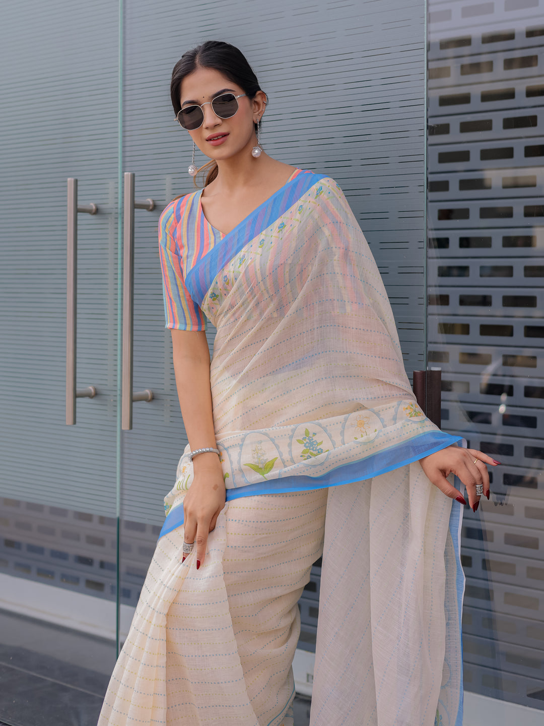 Ivory Mul Cotton Saree for Women with Blue Floral Border & Fine Stripes | Soft Breathable Office & Daily Wear Saree
