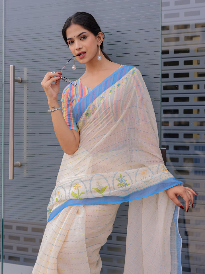 Ivory Mul Cotton Saree for Women with Blue Floral Border & Fine Stripes | Soft Breathable Office & Daily Wear Saree