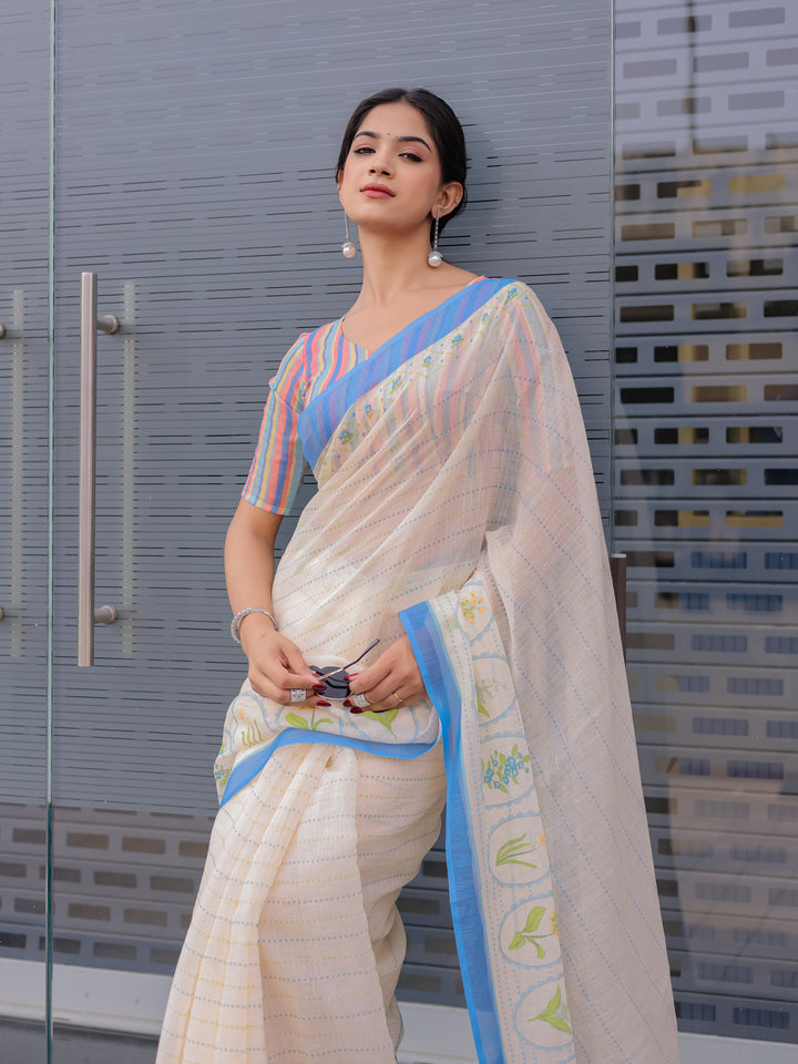 Ivory Mul Cotton Saree for Women with Blue Floral Border & Fine Stripes | Soft Breathable Office & Daily Wear Saree