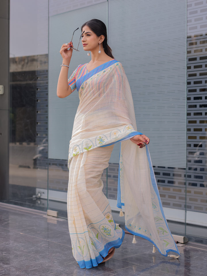 Ivory Mul Cotton Saree for Women with Blue Floral Border & Fine Stripes | Soft Breathable Office & Daily Wear Saree