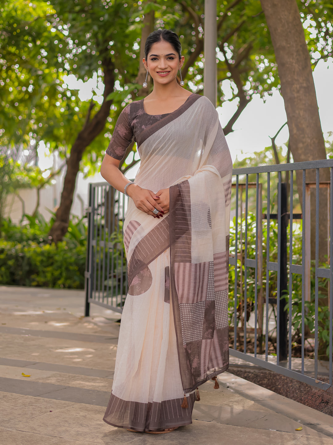 Ivory & Mocha Brown Mul Cotton Saree for Women with Patchwork Print Pallu & Tassels | Soft Breathable Office & Daily Wear