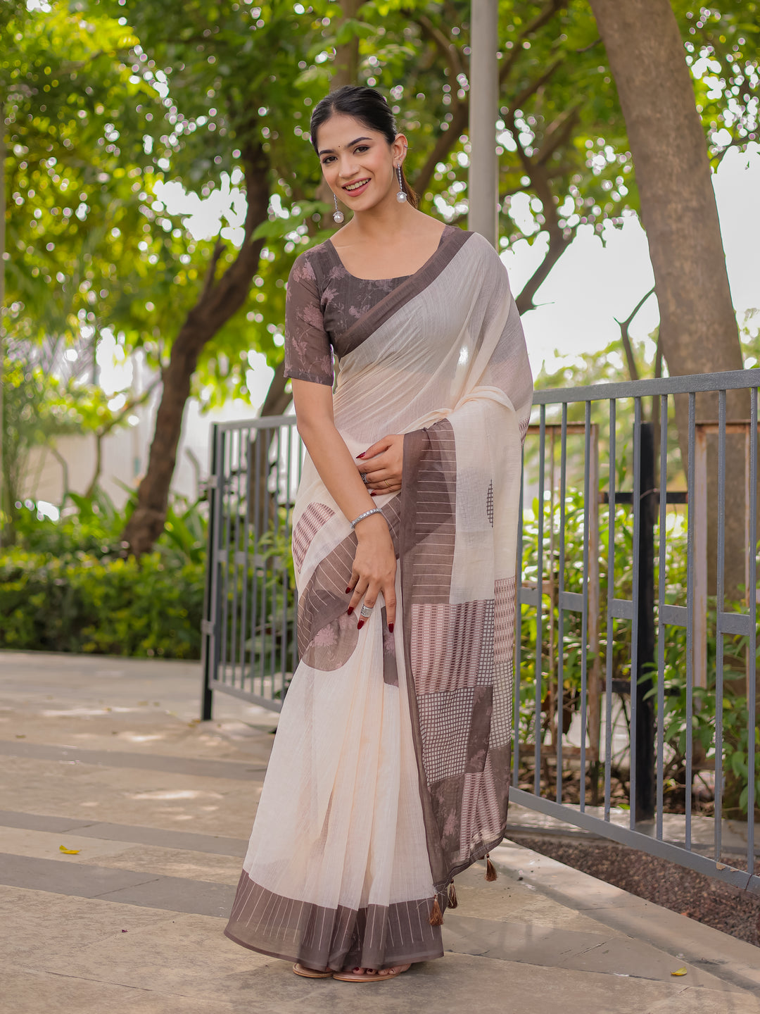 Ivory & Mocha Brown Mul Cotton Saree for Women with Patchwork Print Pallu & Tassels | Soft Breathable Office & Daily Wear