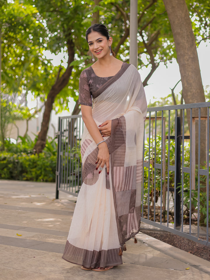 Ivory & Mocha Brown Mul Cotton Saree for Women with Patchwork Print Pallu & Tassels | Soft Breathable Office & Daily Wear
