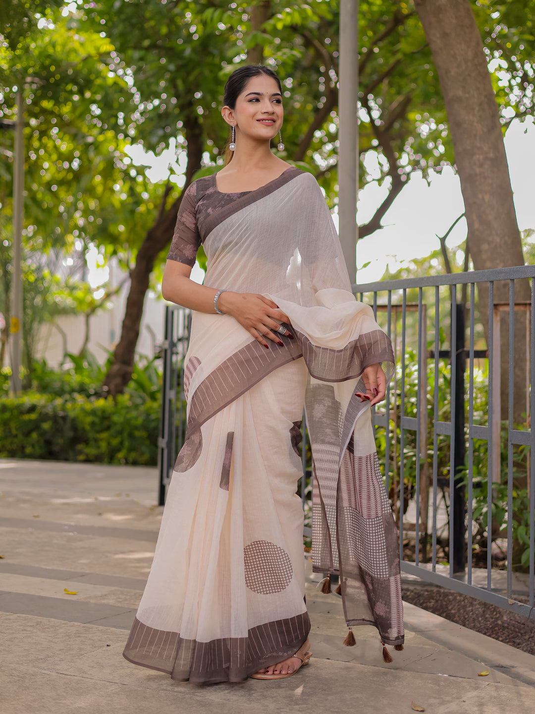 Ivory & Mocha Brown Mul Cotton Saree for Women with Patchwork Print Pallu & Tassels | Soft Breathable Office & Daily Wear
