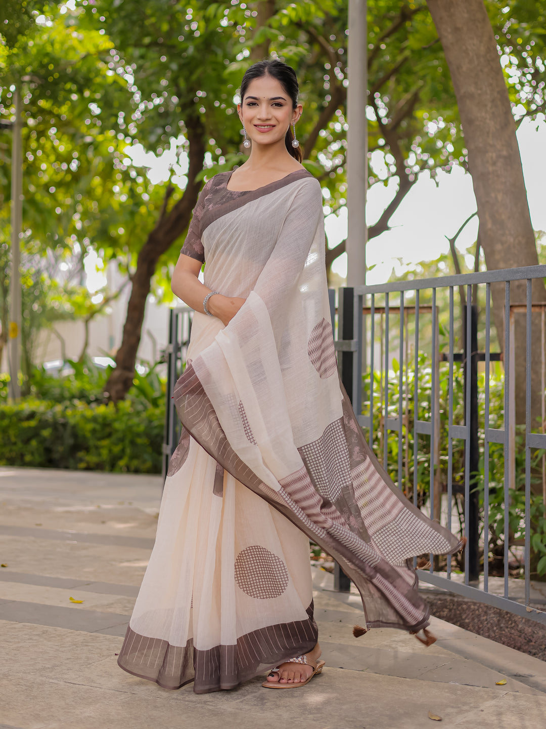 Ivory & Mocha Brown Mul Cotton Saree for Women with Patchwork Print Pallu & Tassels | Soft Breathable Office & Daily Wear