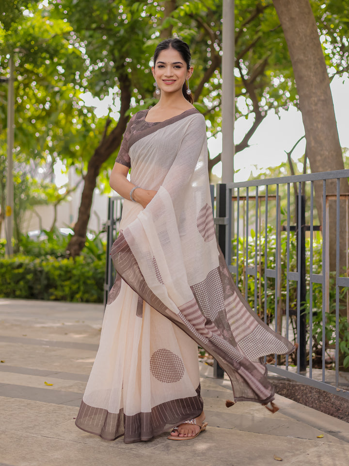 Ivory & Mocha Brown Mul Cotton Saree for Women with Patchwork Print Pallu & Tassels | Soft Breathable Office & Daily Wear